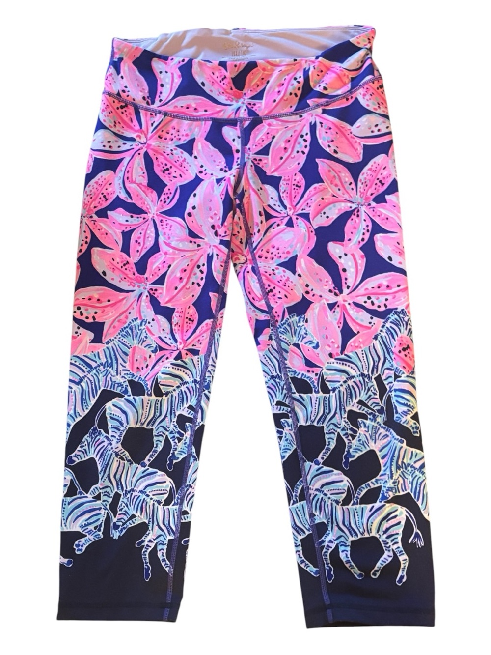 Lilly Pulitzer Navy and Pink Floral Zebra Capri Leggings Size M-great condition